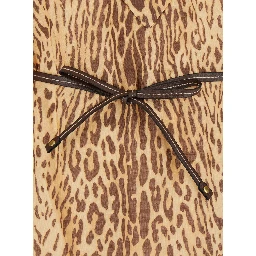 Cascadian Beige Tunic Dress with Stand-Up Collar and All-Over Leopard Print in Linen Woman