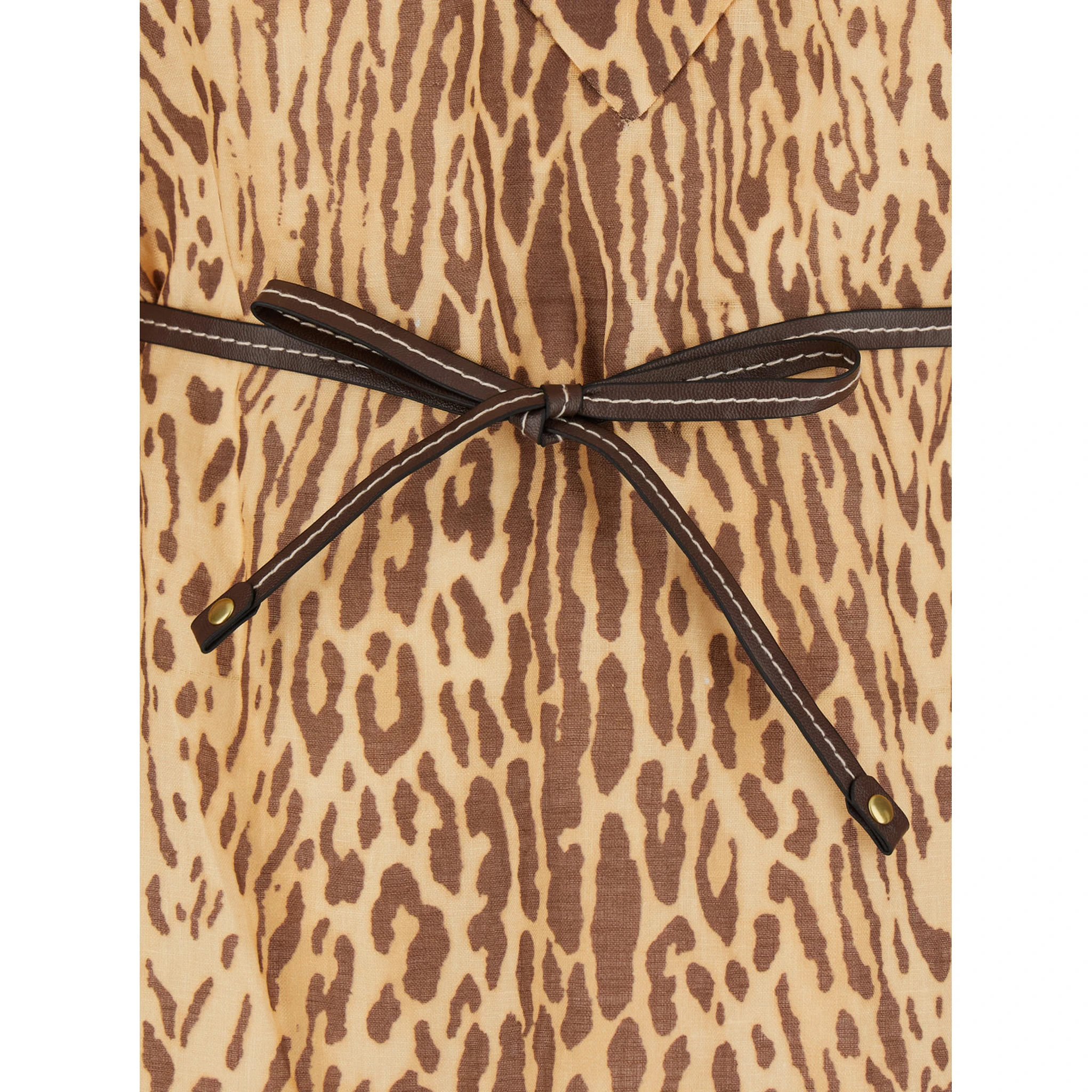 Cascadian Beige Tunic Dress with Stand-Up Collar and All-Over Leopard Print in Linen Woman