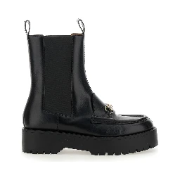 Black Ankle Boots with Horsebit and Lug Sole in Leather Woman