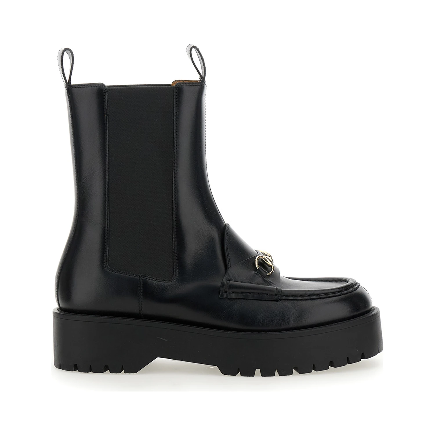 Black Ankle Boots with Horsebit and Lug Sole in Leather Woman