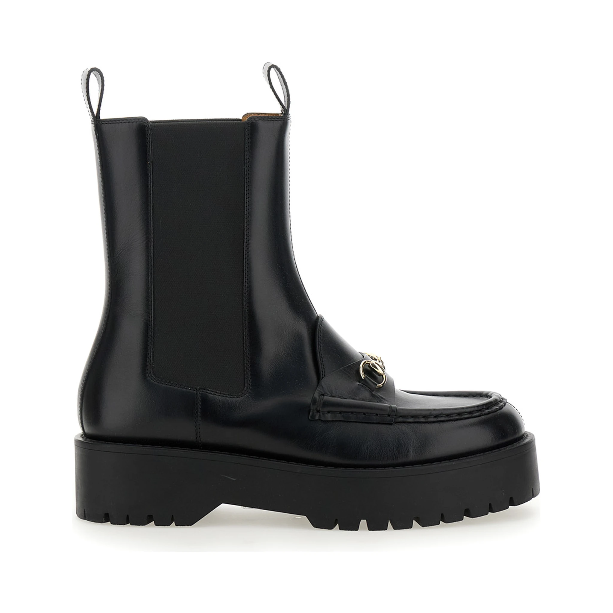 Black Ankle Boots with Horsebit and Lug Sole in Leather Woman