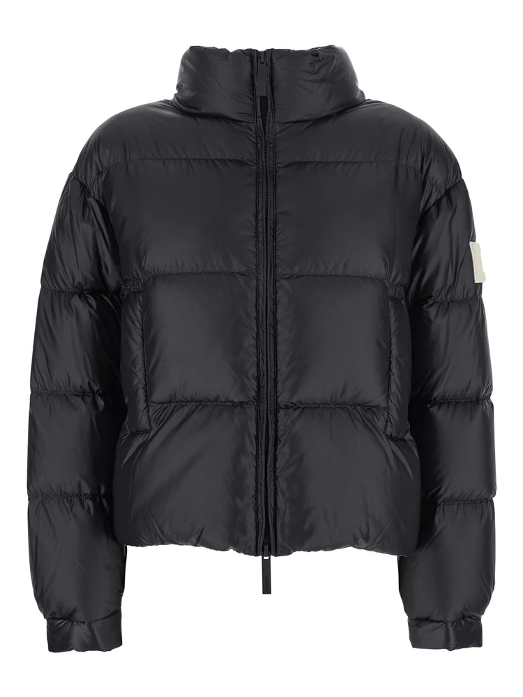 Black Down Jacket with Logo Patch on the Sleeve in Tech Fabric Woman