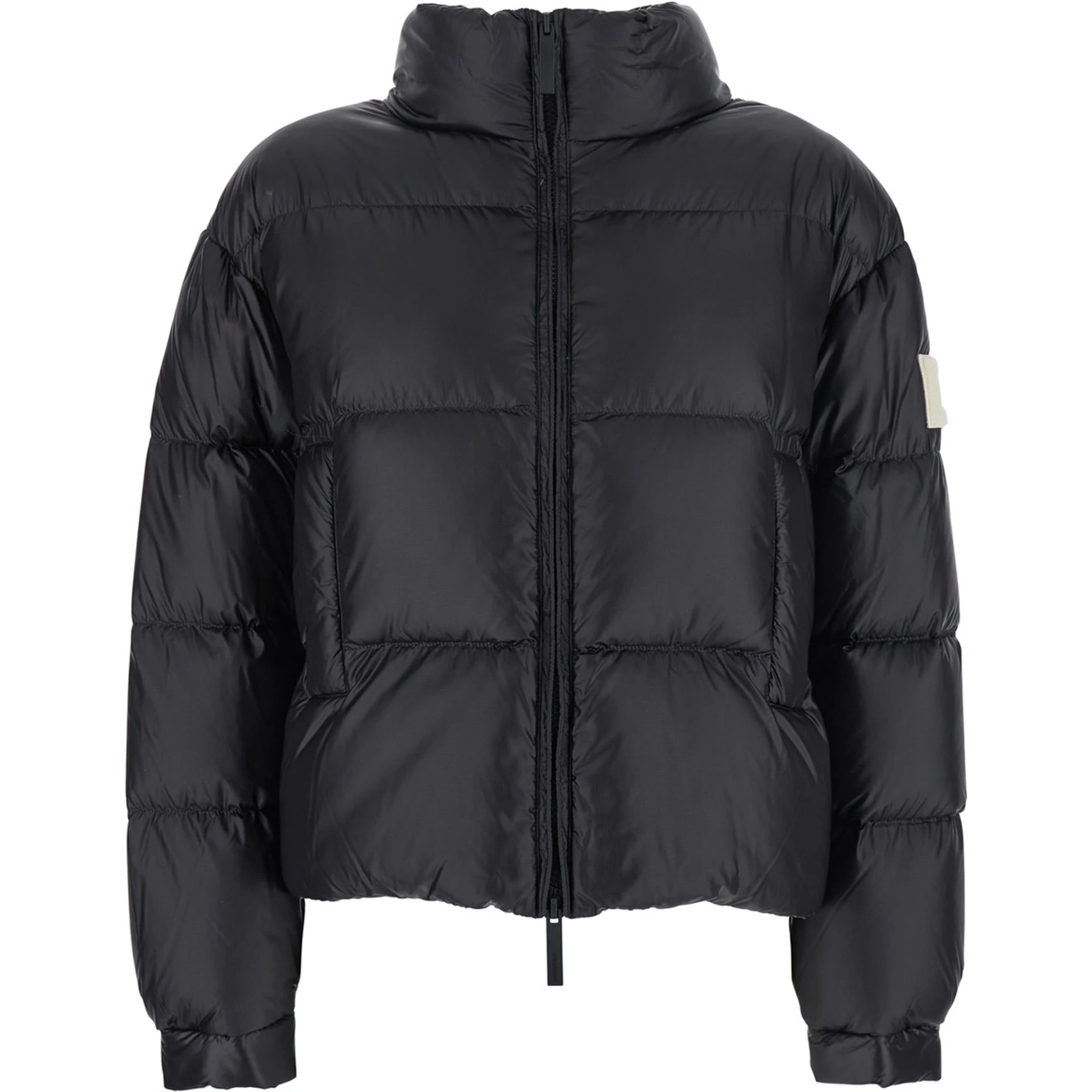 Black Down Jacket with Logo Patch on the Sleeve in Tech Fabric Woman