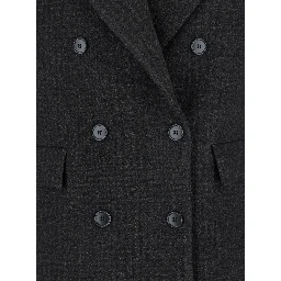 Brown Double-Breasted Jacket with Peak Revers and All-Over Check Motif in Wool Woman