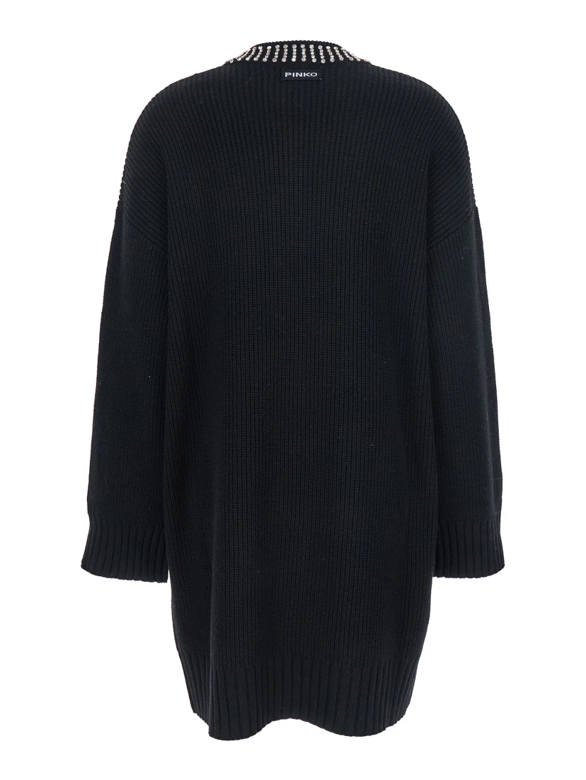 Black Dress with Droped Shoulder and Crystal Embellishments in Cashmere Woman