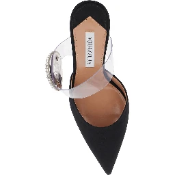 Black Slingback Mules with Crystal Embellishment and Transparent Strap in Suede Woman