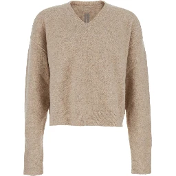 Beige Sweater with V Neck and Dropped Shoulders in Wool Blend Man