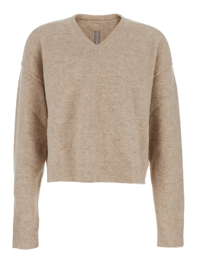 Beige Sweater with V Neck and Dropped Shoulders in Wool Blend Man