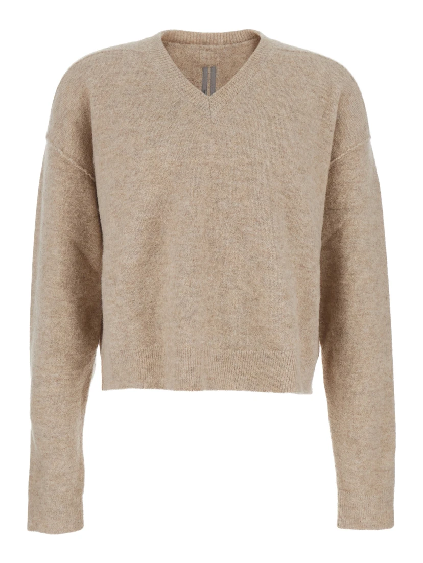 Beige Sweater with V Neck and Dropped Shoulders in Wool Blend Man