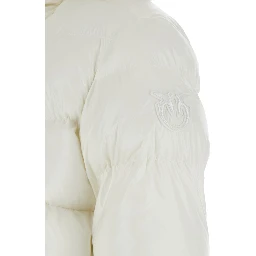 Eleodoro White Down Jacket with Drawstring Hood and Love Birds Diamond Cut Patch on the Fornt in Tech Fabric Woman
