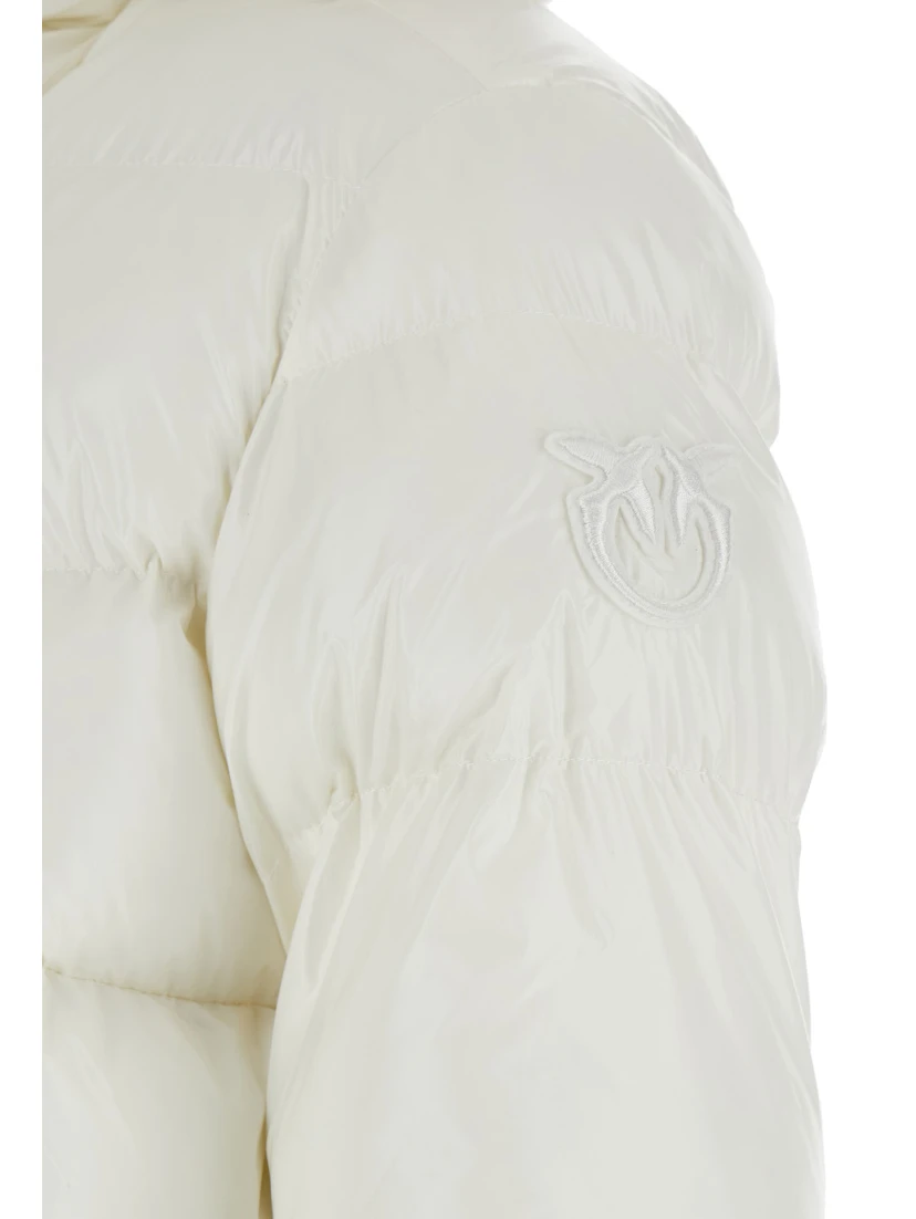 Eleodoro White Down Jacket with Drawstring Hood and Love Birds Diamond Cut Patch on the Fornt in Tech Fabric Woman