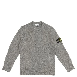 Grey Crewneck Sweater with Logo Patch on the Sleeve in Ribbed Trims in Wool and Cashmere Blend Boy