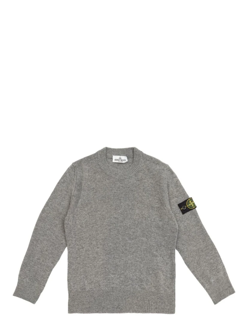 Grey Crewneck Sweater with Logo Patch on the Sleeve in Ribbed Trims in Wool and Cashmere Blend Boy