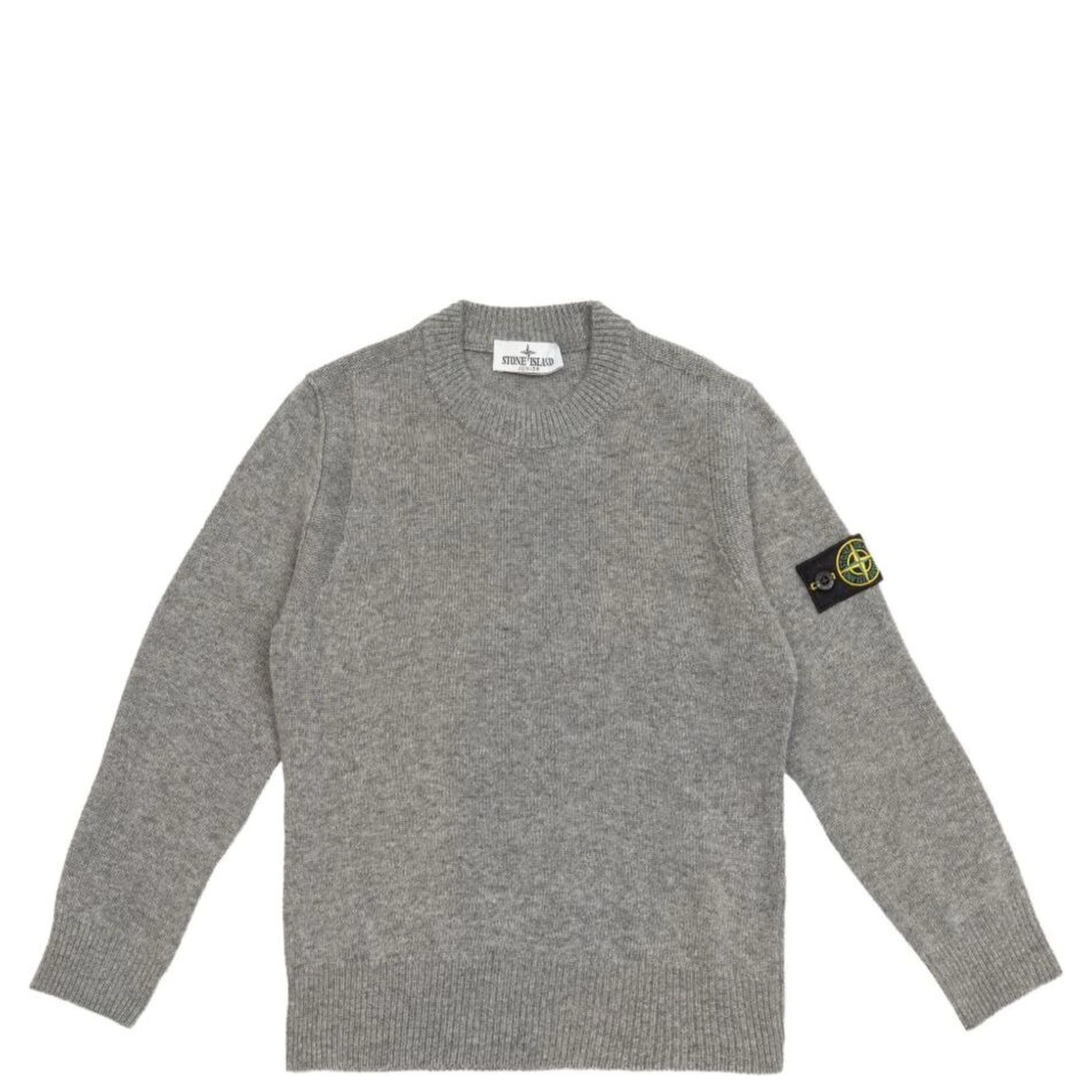Grey Crewneck Sweater with Logo Patch on the Sleeve in Ribbed Trims in Wool and Cashmere Blend Boy