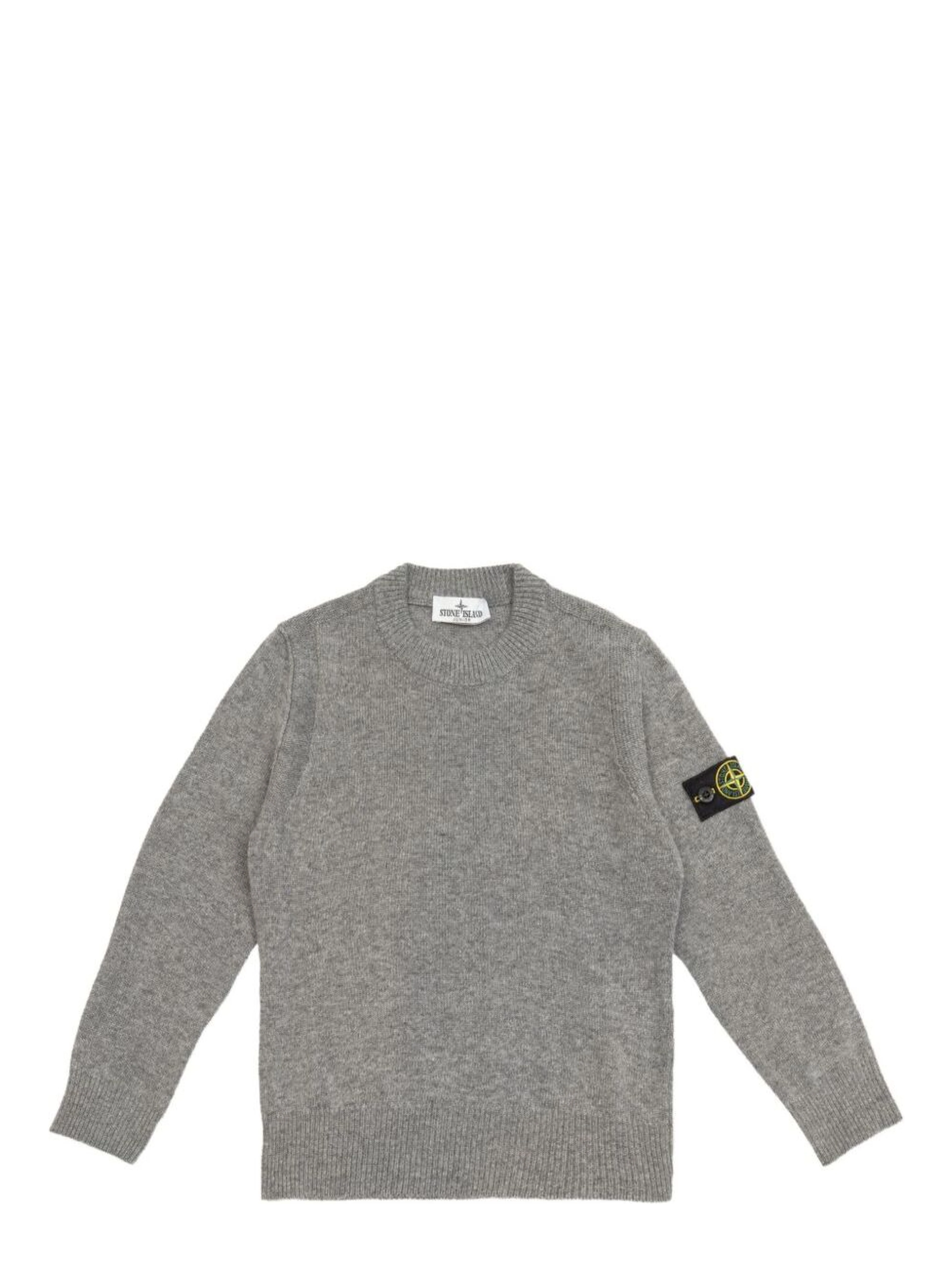 Grey Crewneck Sweater with Logo Patch on the Sleeve in Ribbed Trims in Wool and Cashmere Blend Boy