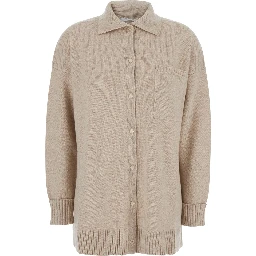 Bull Beige Cardigan with Classic Collar and One Front Patch Pocket in Cashmere Woman