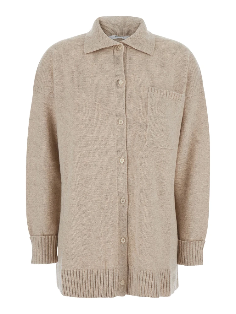 Bull Beige Cardigan with Classic Collar and One Front Patch Pocket in Cashmere Woman