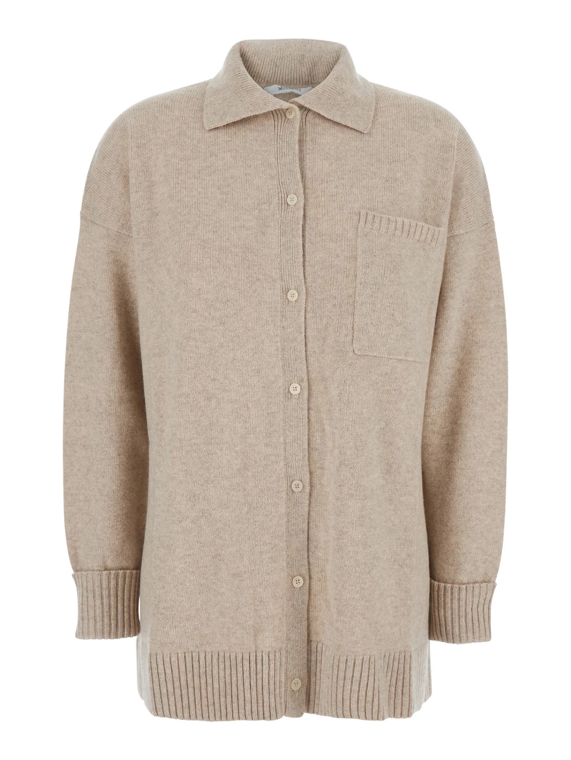 Bull Beige Cardigan with Classic Collar and One Front Patch Pocket in Cashmere Woman