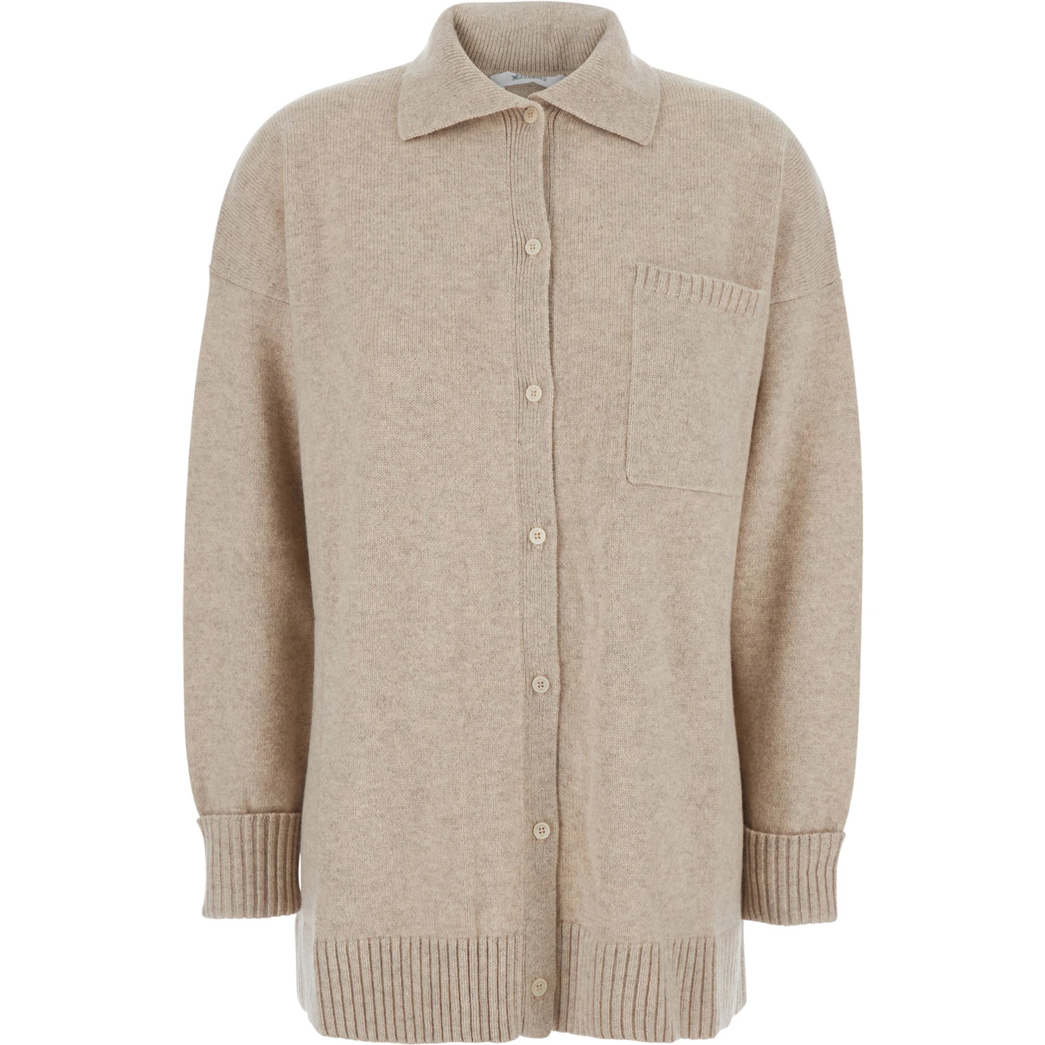Bull Beige Cardigan with Classic Collar and One Front Patch Pocket in Cashmere Woman