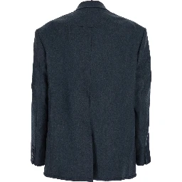 Grey Double-breasted Jacket with Peaked Revers and Patch Pockets on Front in Wool Man