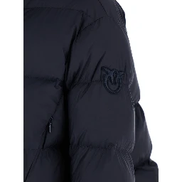 “Giza” Blue Down Jacket with Fixed Hood and Love Birds Diamond Cut Patch on Sleeve in Tech Fabric Woman