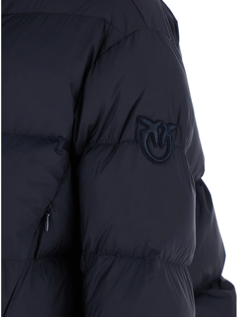 “Giza” Blue Down Jacket with Fixed Hood and Love Birds Diamond Cut Patch on Sleeve in Tech Fabric Woman