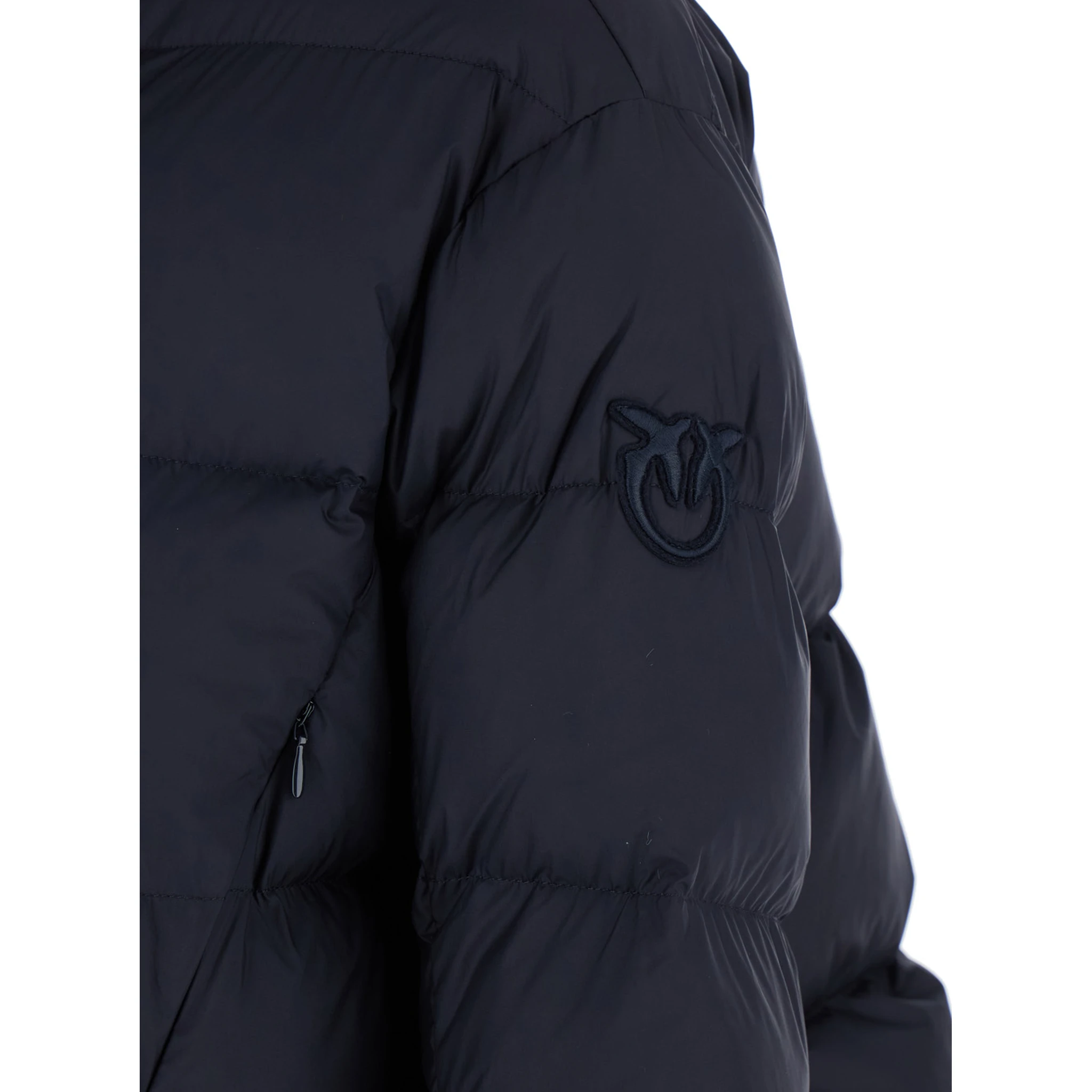 “Giza” Blue Down Jacket with Fixed Hood and Love Birds Diamond Cut Patch on Sleeve in Tech Fabric Woman