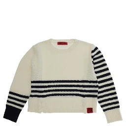 White Crew Neck Sweater with Striped Motif in Wool Blend Girl