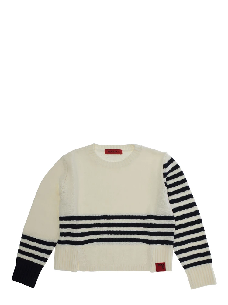White Crew Neck Sweater with Striped Motif in Wool Blend Girl