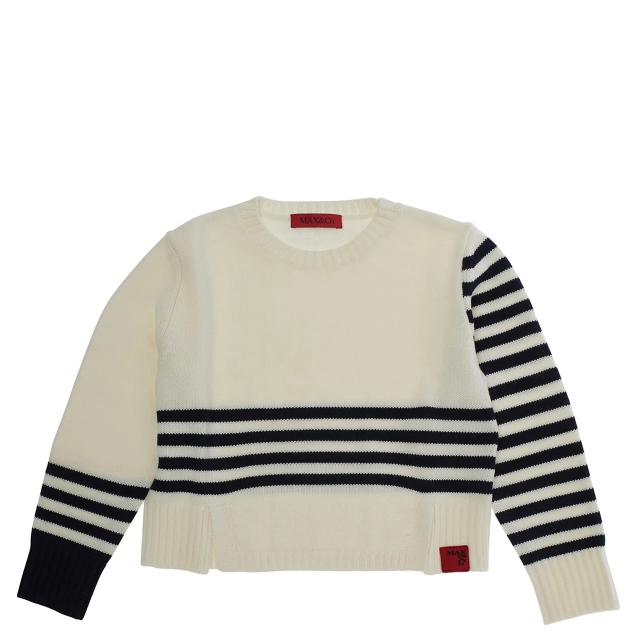 White Crew Neck Sweater with Striped Motif in Wool Blend Girl
