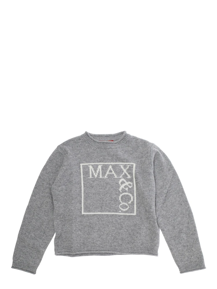 Grey Crew Neck Sweater with Front Logo Lettering in Wool Blend Girl