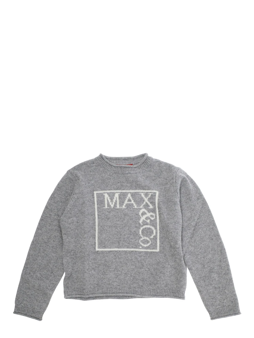 Grey Crew Neck Sweater with Front Logo Lettering in Wool Blend Girl