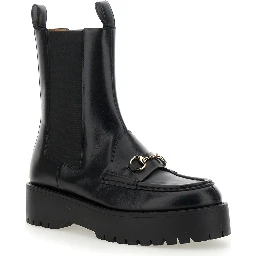 Black Ankle Boots with Horsebit and Lug Sole in Leather Woman