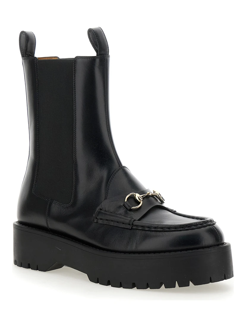 Black Ankle Boots with Horsebit and Lug Sole in Leather Woman