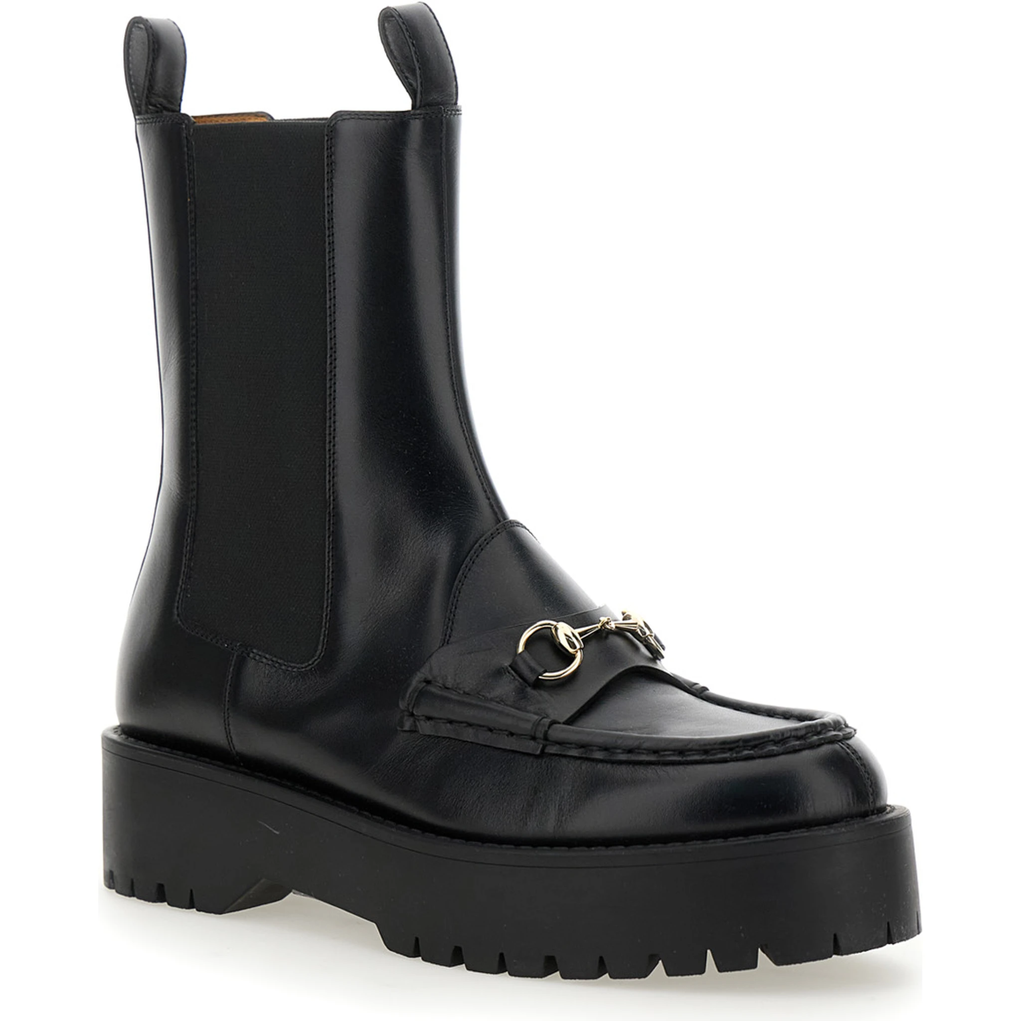 Black Ankle Boots with Horsebit and Lug Sole in Leather Woman