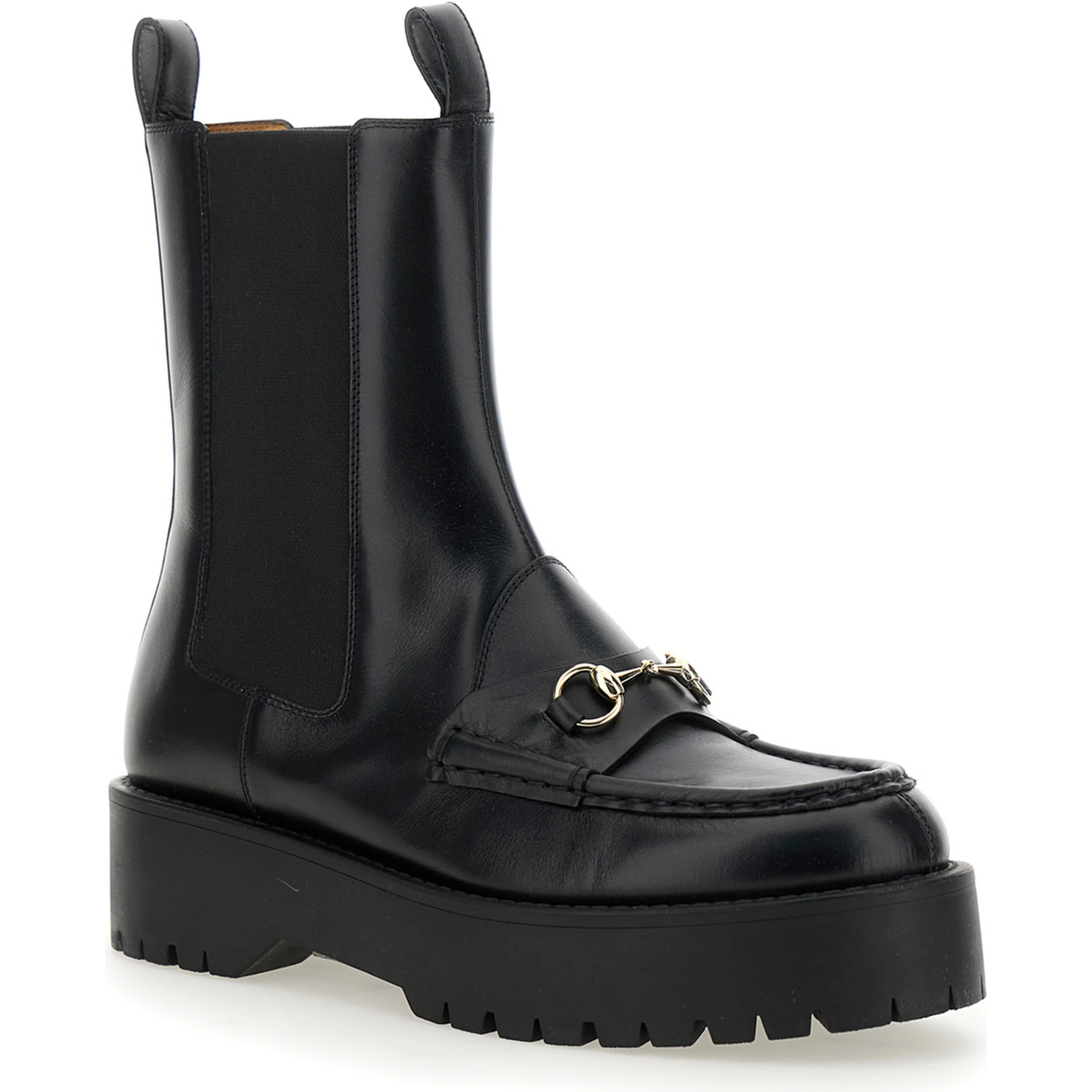 Black Ankle Boots with Horsebit and Lug Sole in Leather Woman