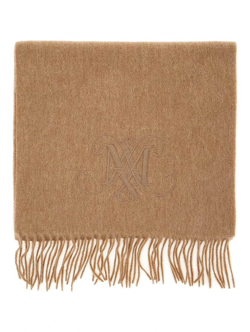 Beige Scarf with Logo Embroidery on the Front and Fringed Hem in Wool Girl