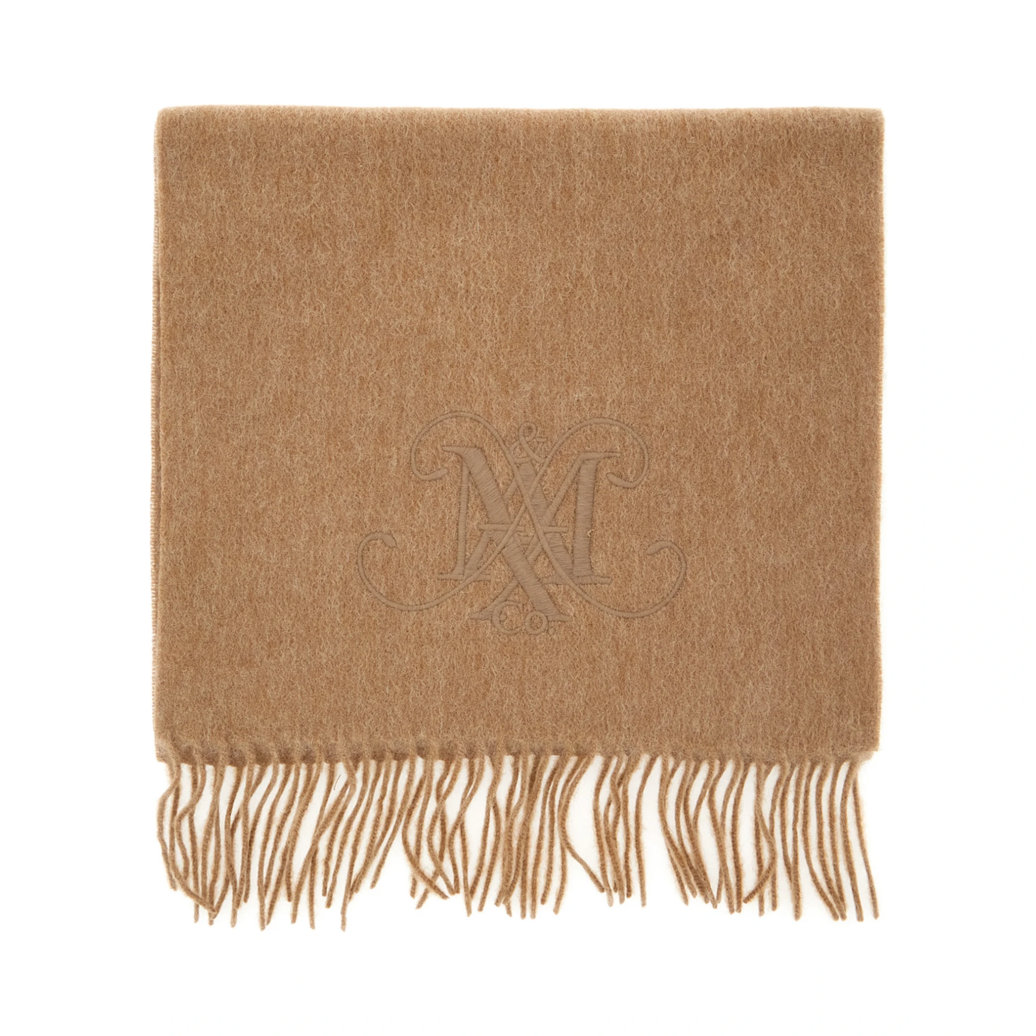 Beige Scarf with Logo Embroidery on the Front and Fringed Hem in Wool Girl
