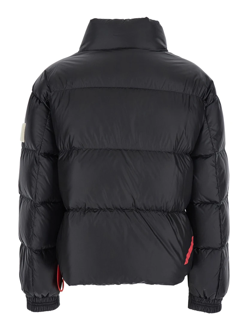 Black Down Jacket with Logo Patch on the Sleeve in Tech Fabric Woman