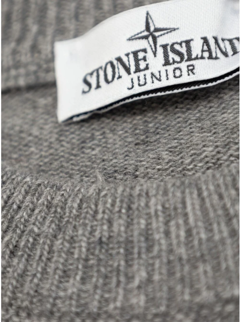 Grey Crewneck Sweater with Logo Patch on the Sleeve in Ribbed Trims in Wool and Cashmere Blend Boy