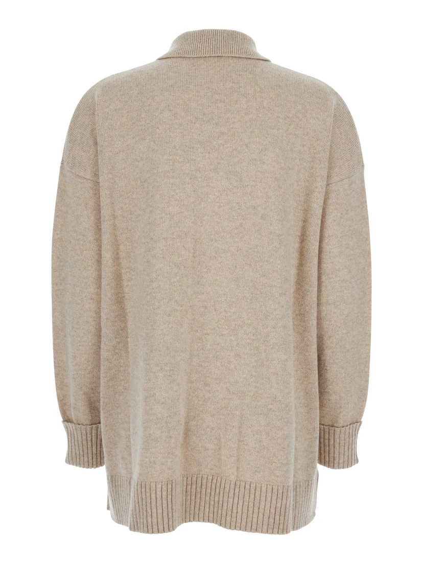 Bull Beige Cardigan with Classic Collar and One Front Patch Pocket in Cashmere Woman