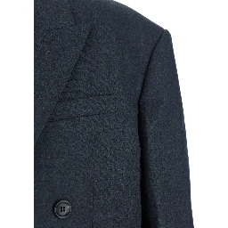 Grey Double-breasted Jacket with Peaked Revers and Patch Pockets on Front in Wool Man