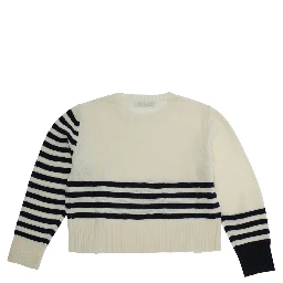White Crew Neck Sweater with Striped Motif in Wool Blend Girl