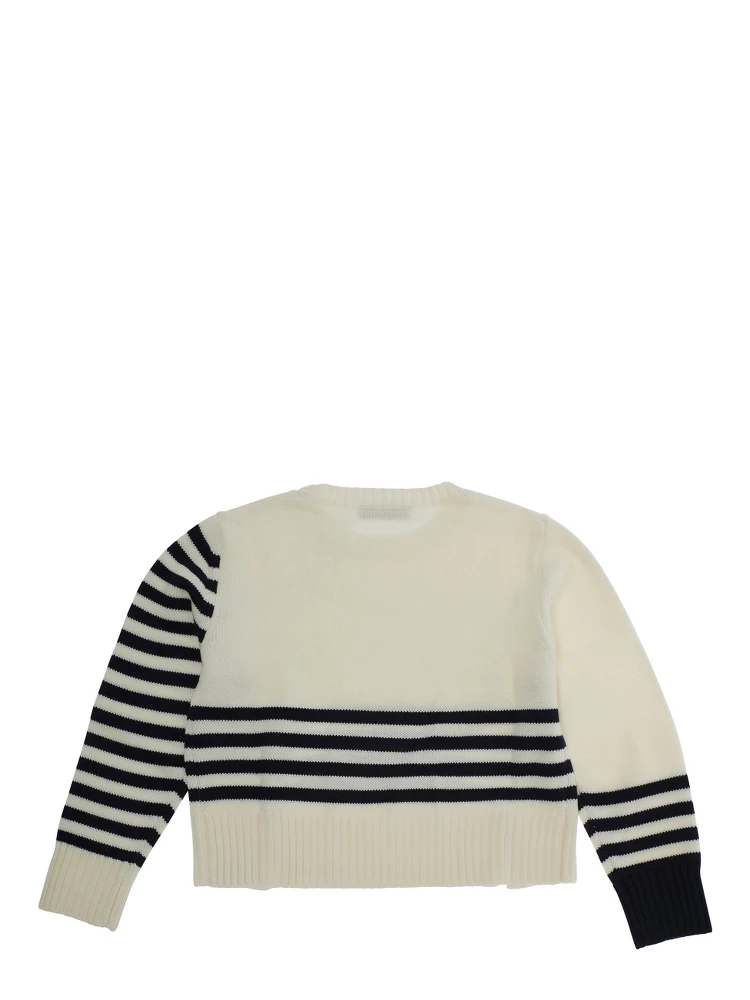White Crew Neck Sweater with Striped Motif in Wool Blend Girl alternative