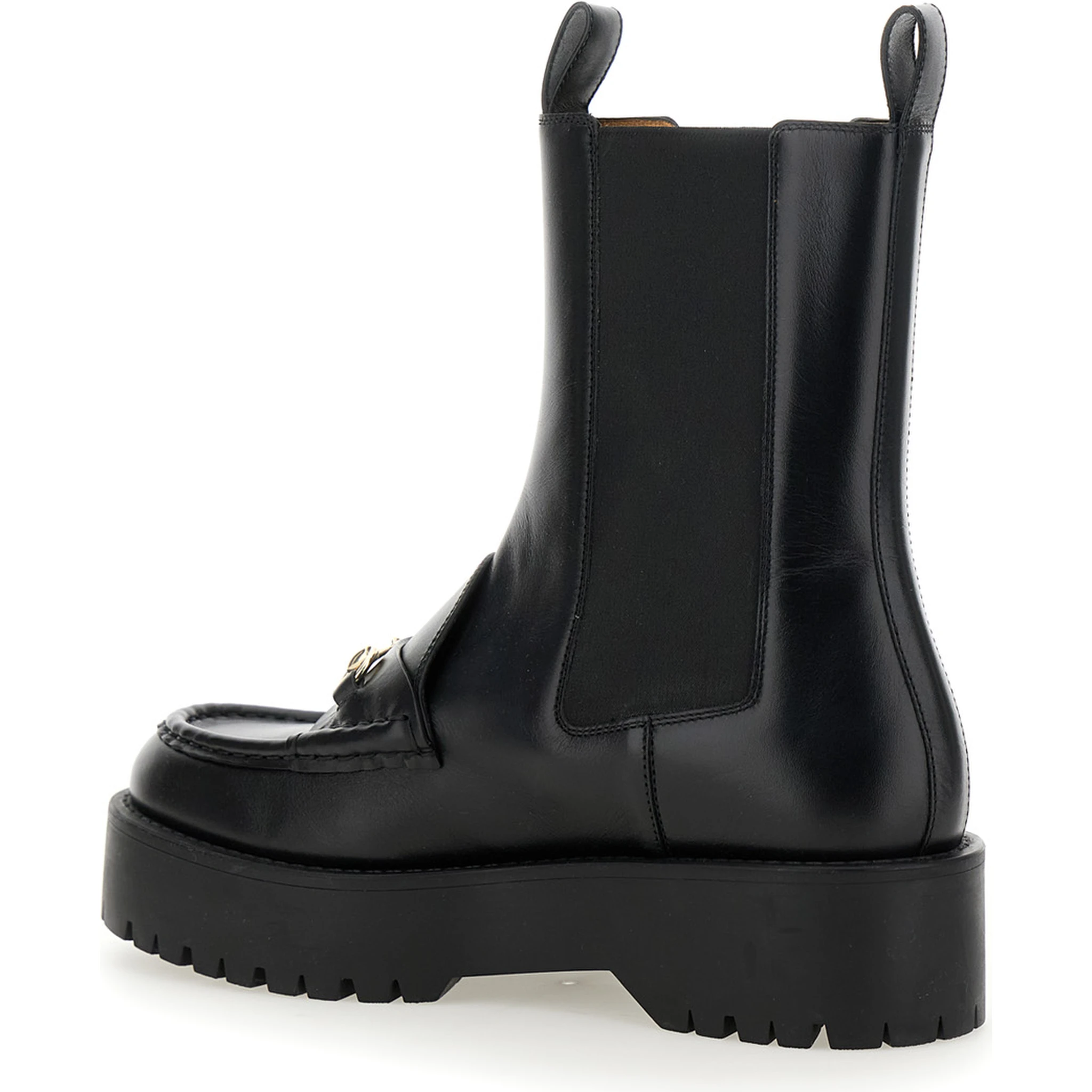 Black Ankle Boots with Horsebit and Lug Sole in Leather Woman