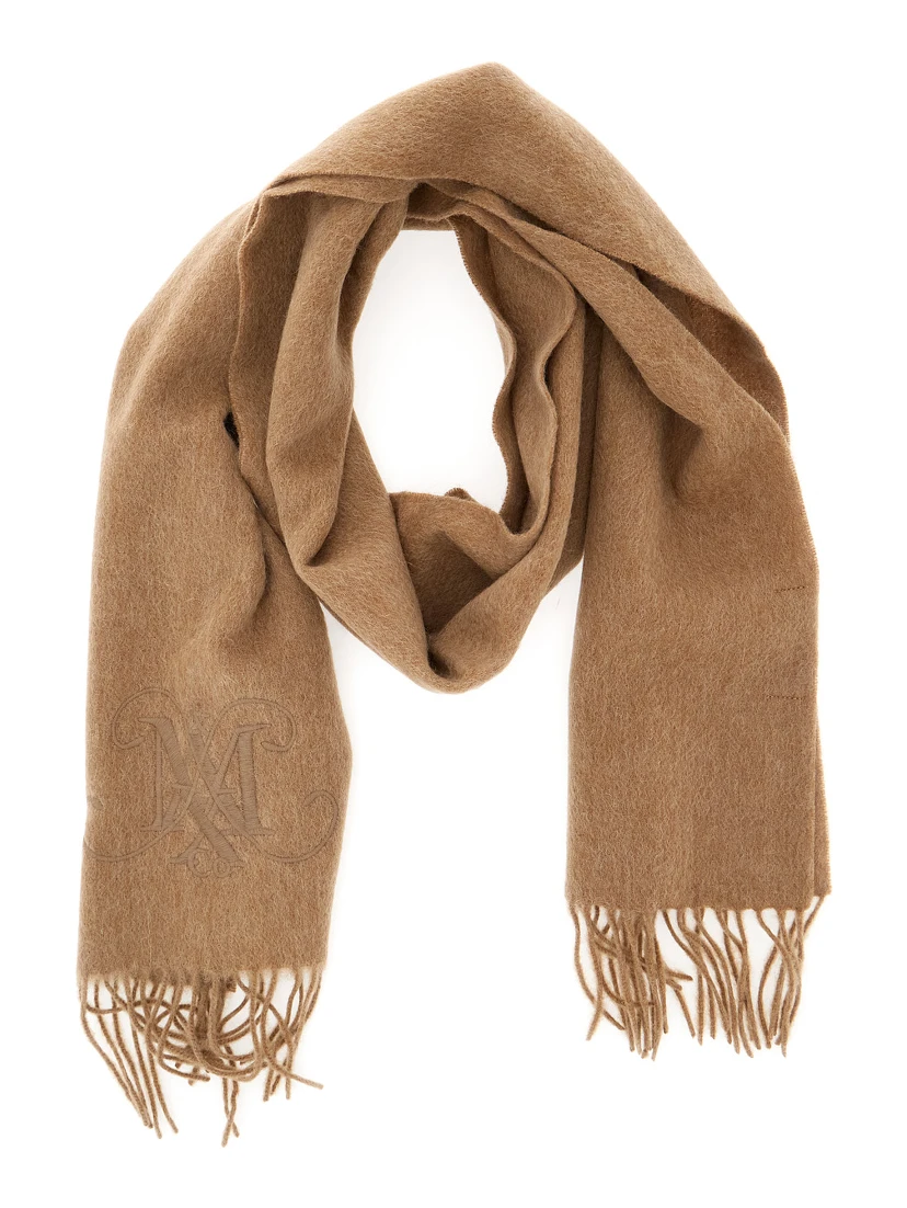 Beige Scarf with Logo Embroidery on the Front and Fringed Hem in Wool Girl