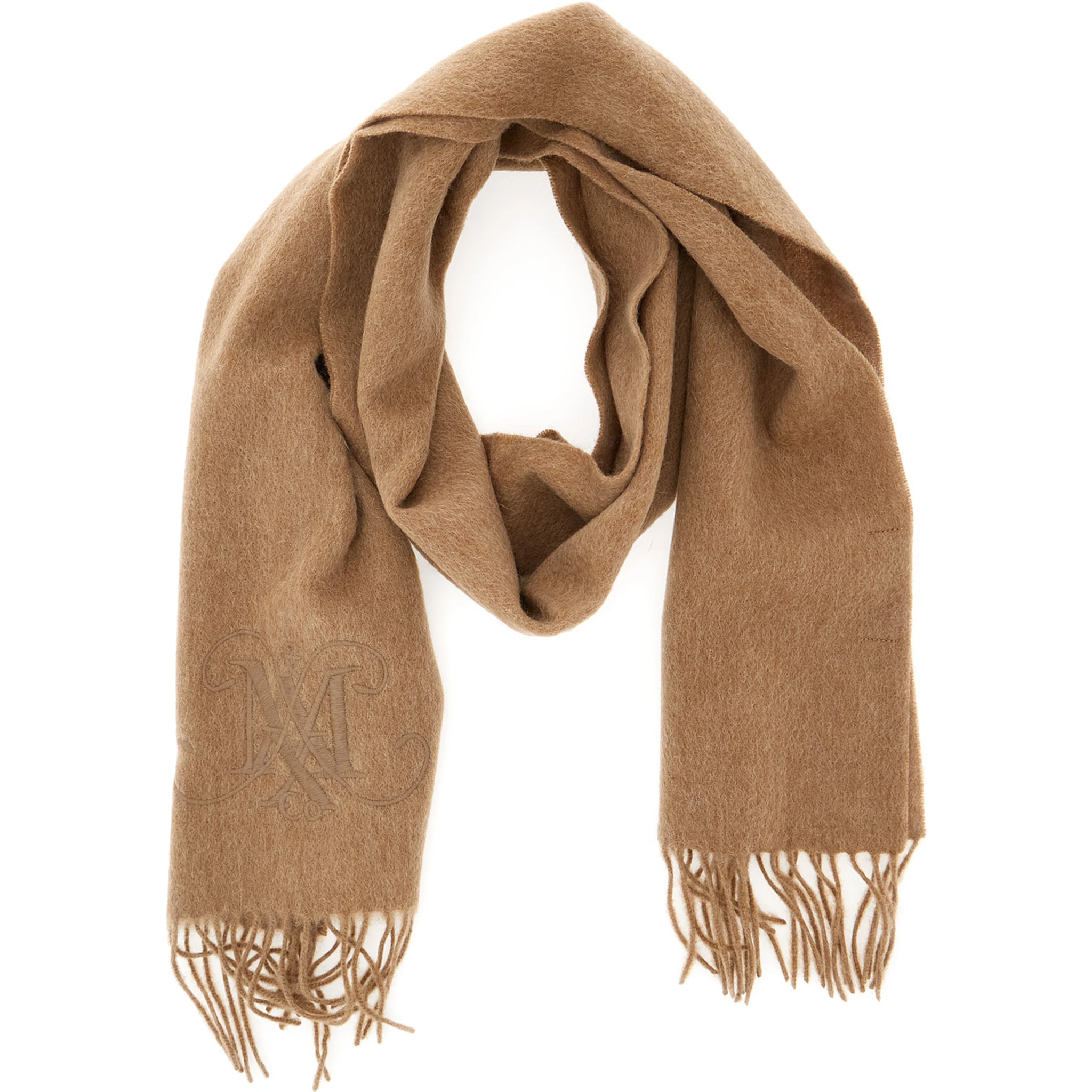 Beige Scarf with Logo Embroidery on the Front and Fringed Hem in Wool Girl