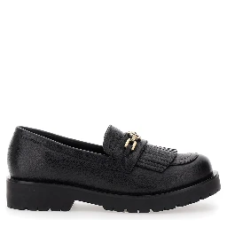 Black Loafers with Platform and Metallic Logo in Leather Woman