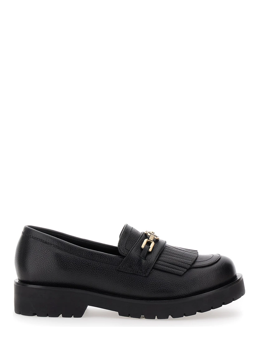 Black Loafers with Platform and Metallic Logo in Leather Woman