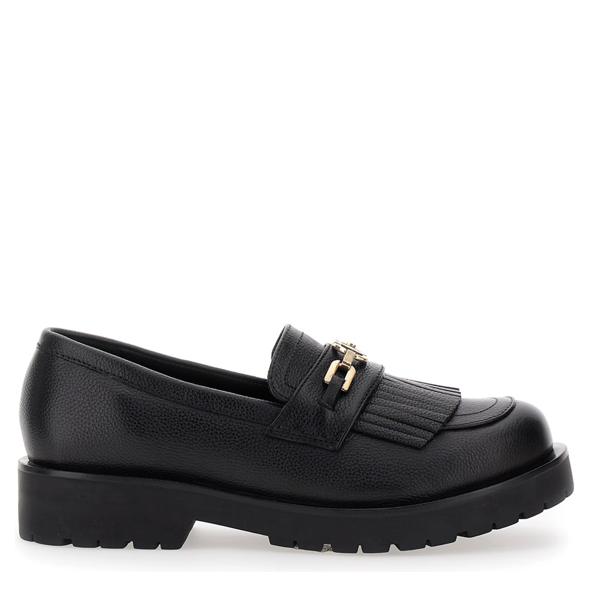 Black Loafers with Platform and Metallic Logo in Leather Woman